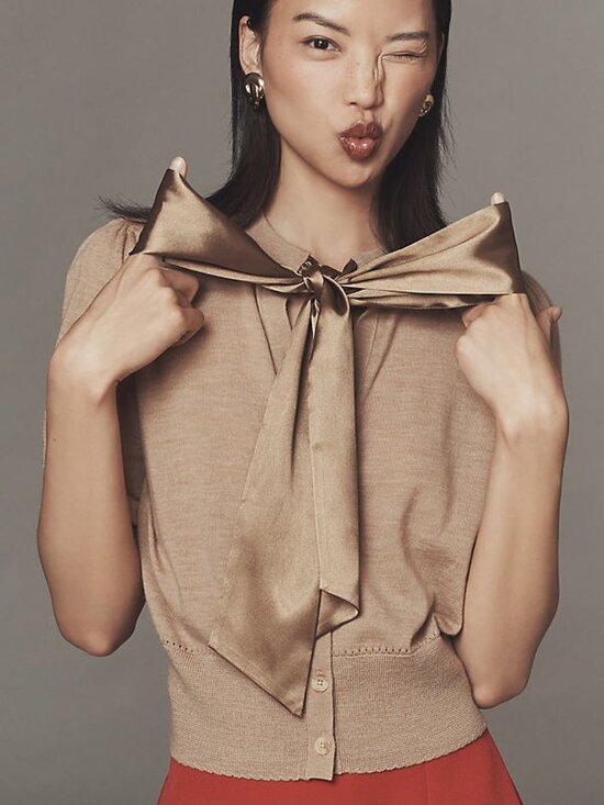 Sweaters - Bow Tie Short Sleeve Cardigan Sweater